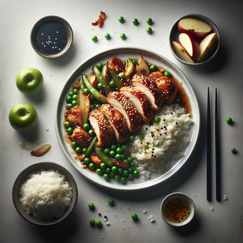 Asian Sesame Chicken with Tinned Peas and Apple Rice Cups