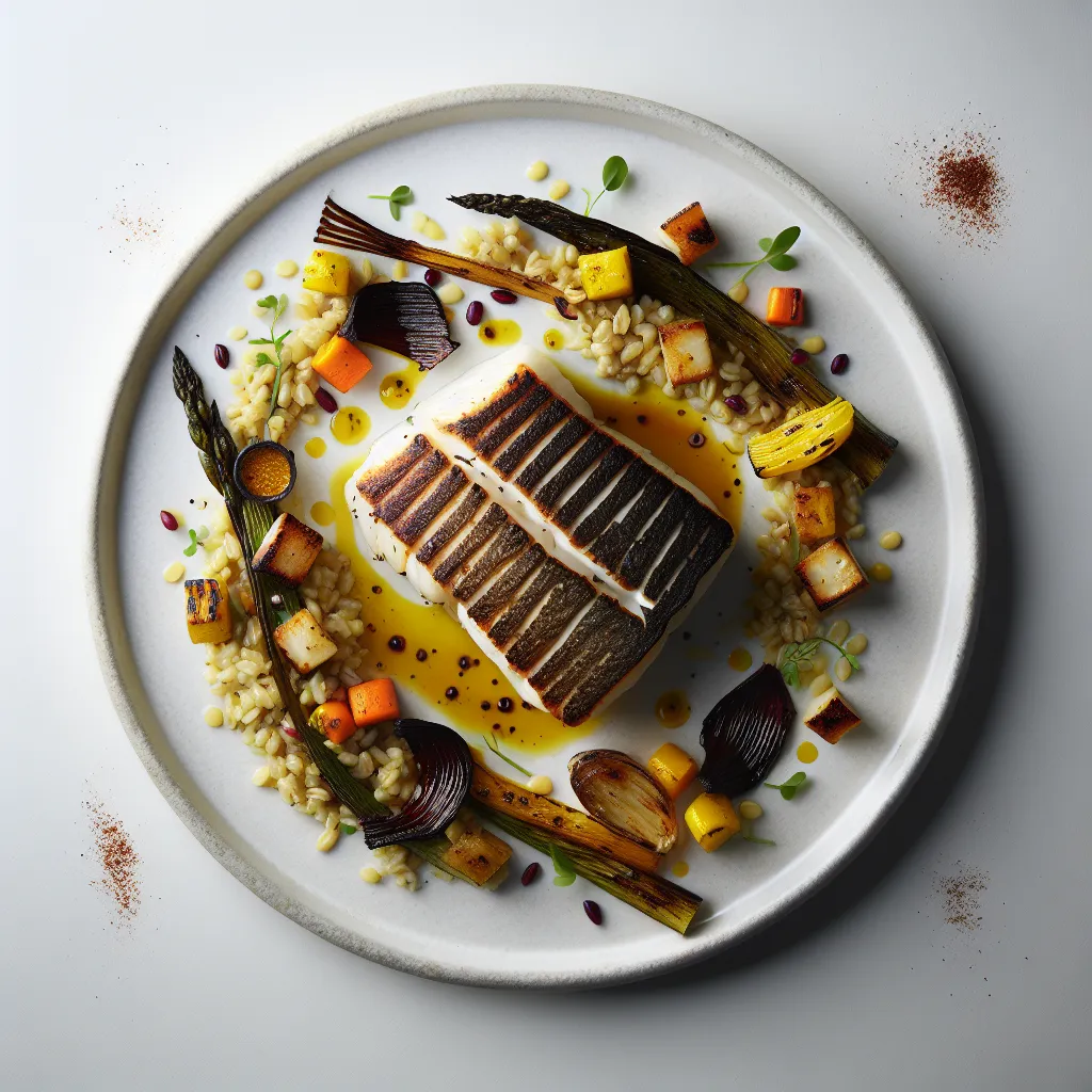Autumnal Grilled Monkfish with Saffron-Infused Barley and Roasted Root Vegetables