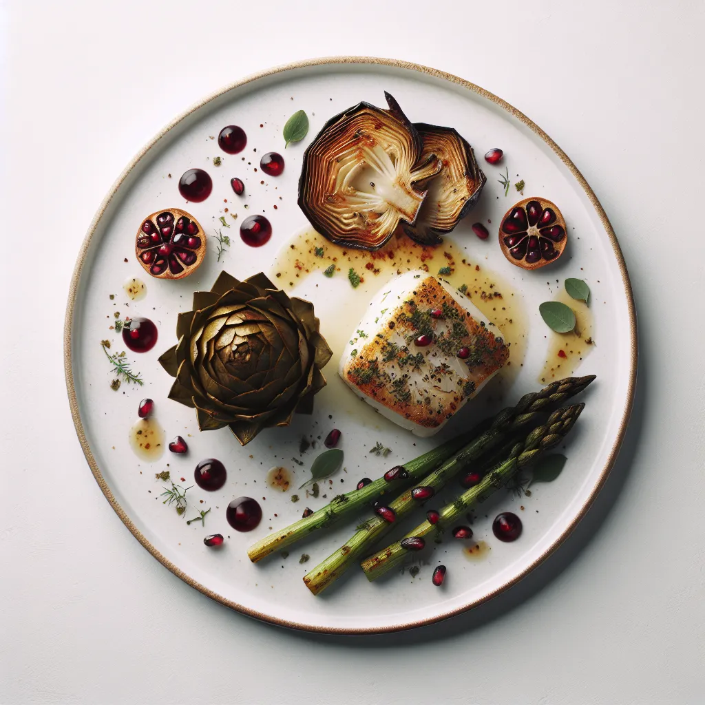 Autumnal Herb-Crusted Cod with Roasted Jerusalem Artichokes and Pomegranate Reduction