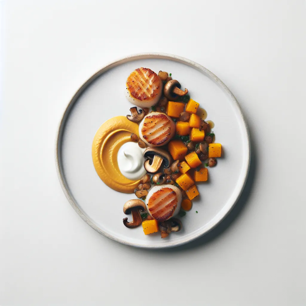 Autumnal Seared Scallops with Butternut Squash Puree and Wild Mushroom Ragout