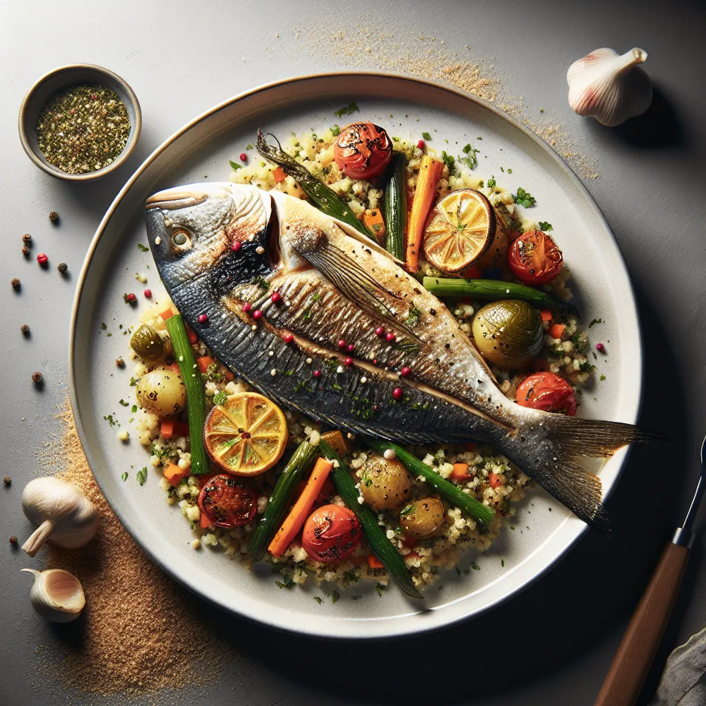 Baked Sea Bream with Herbed Bulgur and Roasted Vegetables