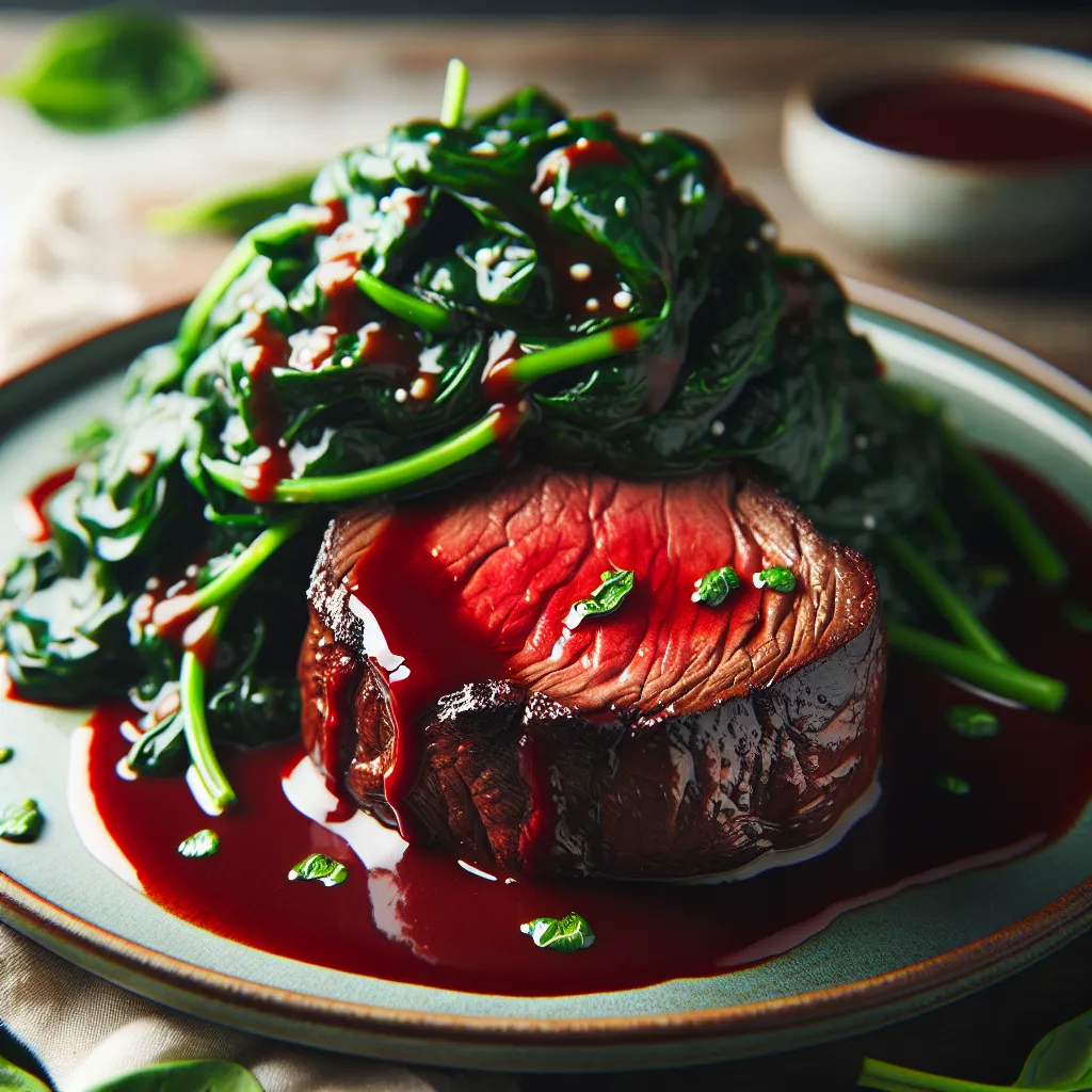 Beef Tenderloin with Red Wine Sauce and Sautéed Spinach