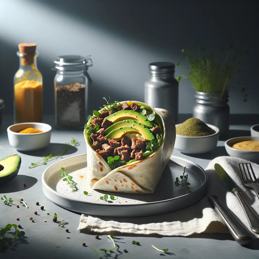 Gourmet Breakfast Burrito with Beef and Avocado