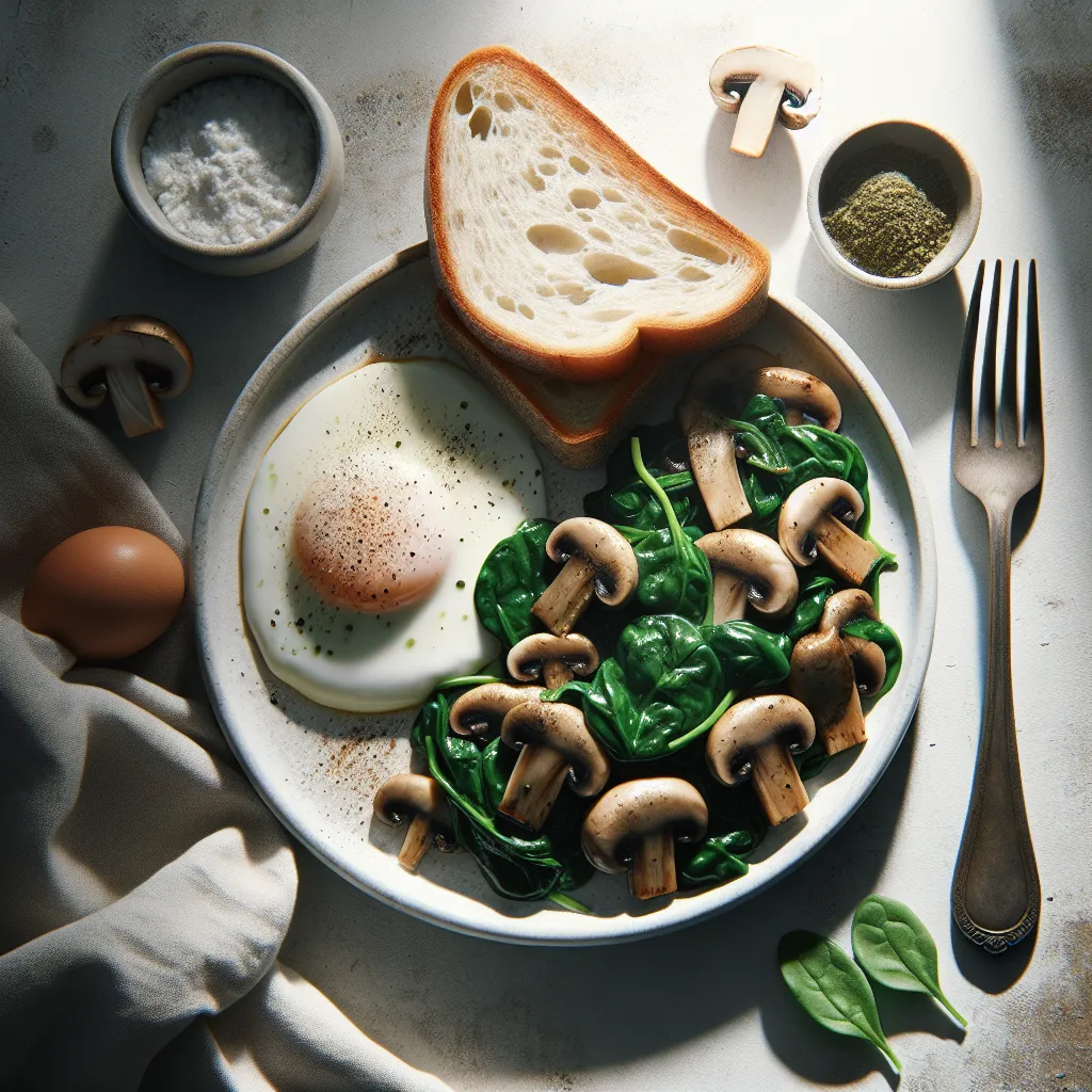 Breakfast with White Bread and Mushroom Spinach Sauté