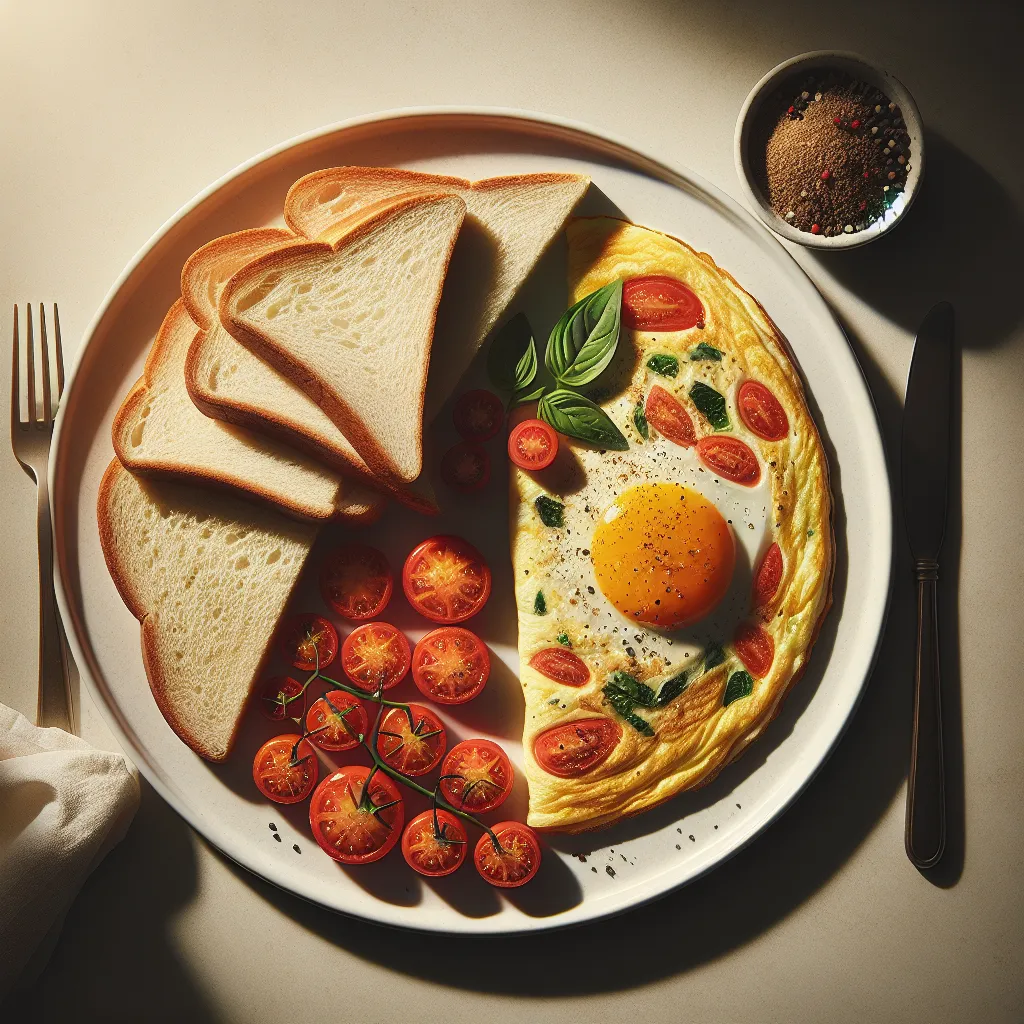 Breakfast with White Bread and Tomato Basil Omelette