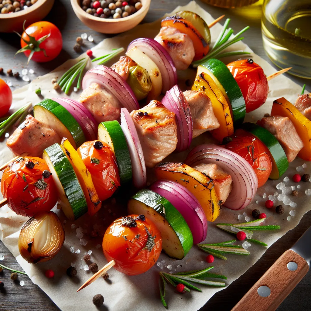 Brochettes de porc et légumes