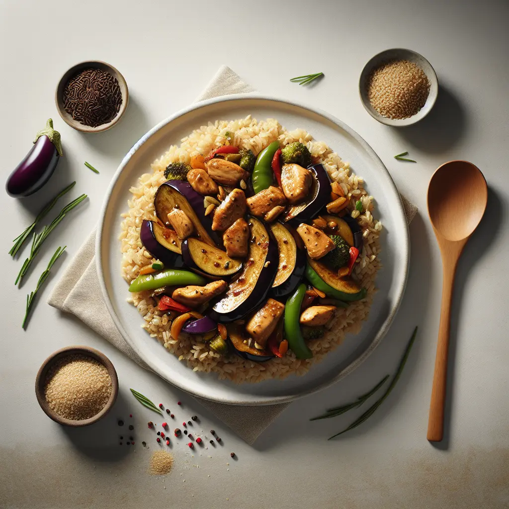 Eggplant and Chicken Stir-Fry with Brown Rice
