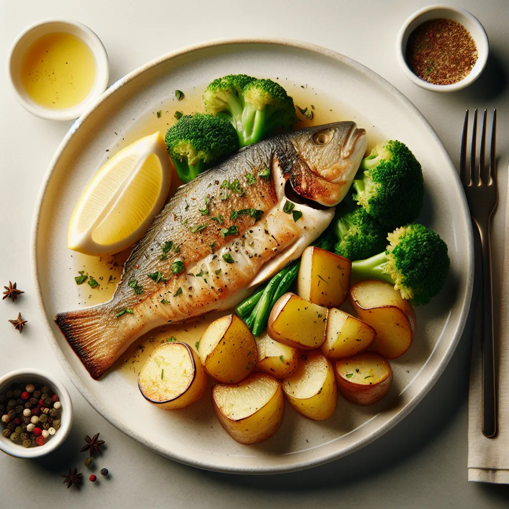 Greek Lemon Herb Baked Fish with Roasted Potatoes and Steamed Broccoli