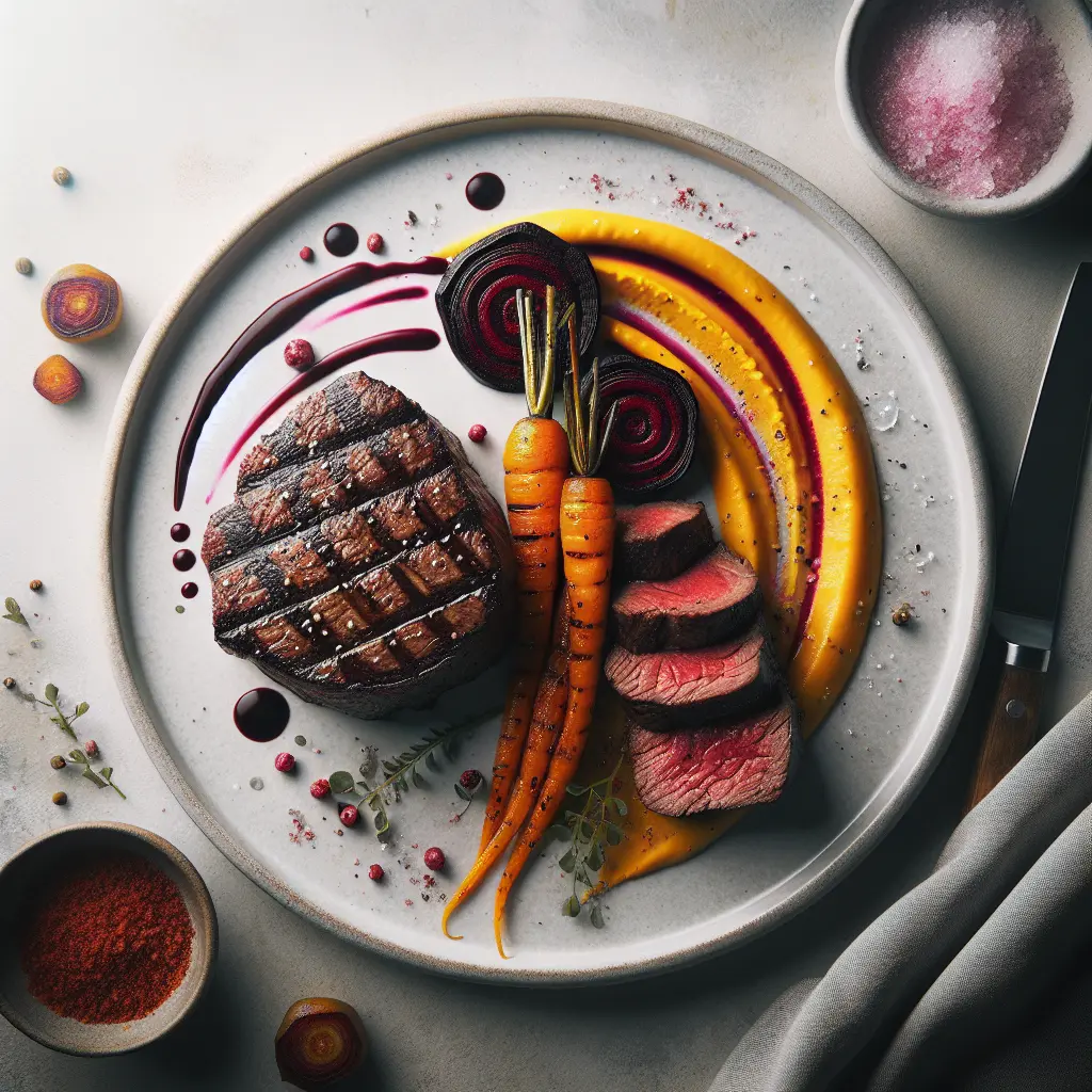 Grilled Beef Tenderloin with Roasted Beetroot and Carrot Puree
