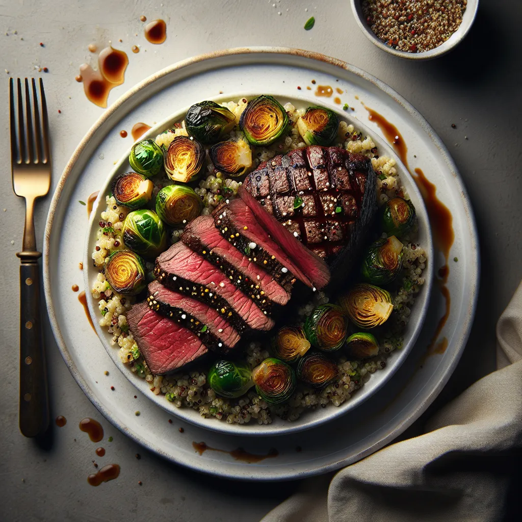 Grilled Beef Tenderloin with Roasted Brussels Sprouts and Quinoa