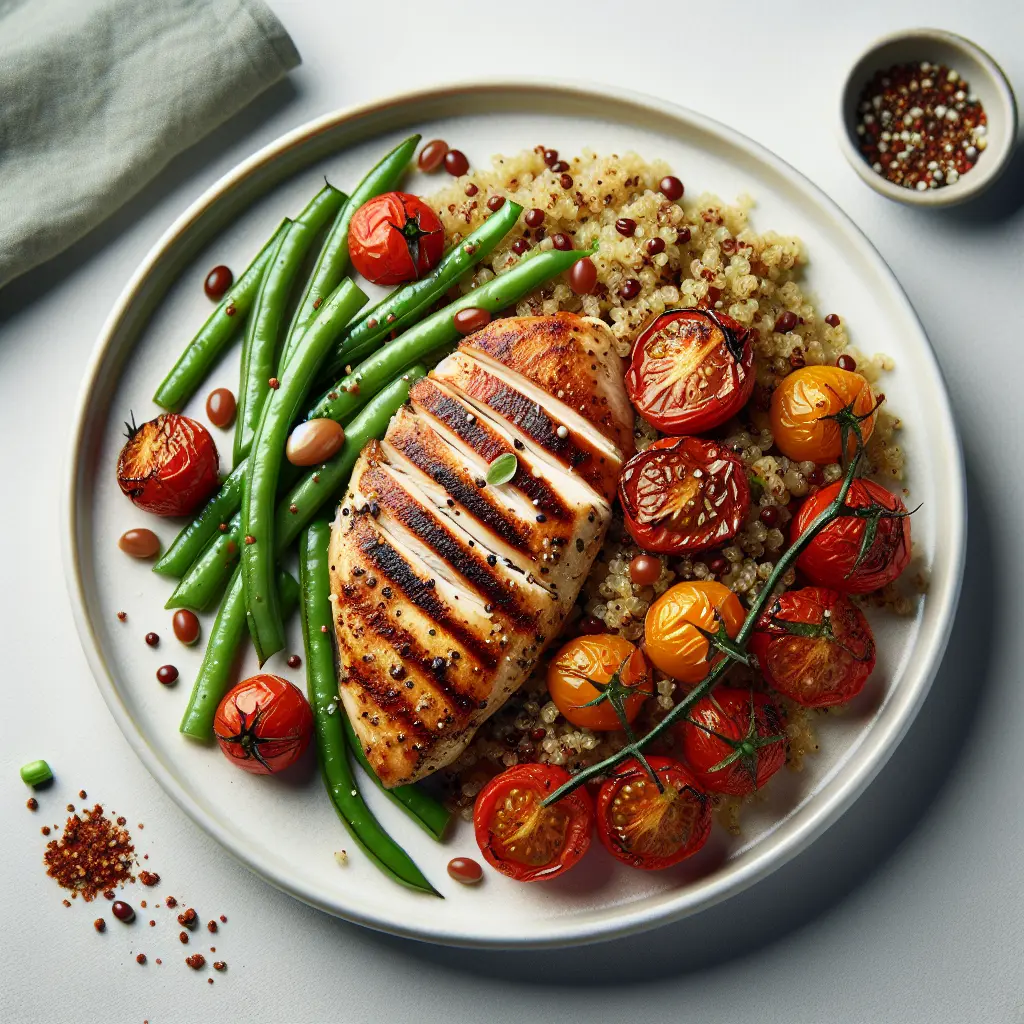 Grilled Chicken with Roasted Cherry Tomato and Green Bean Quinoa