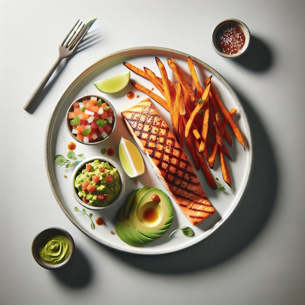 Grilled Salmon with Avocado Salsa and Sweet Potato Fries