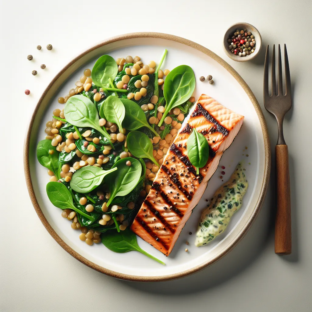 Grilled Salmon with Spinach and Lentil Salad