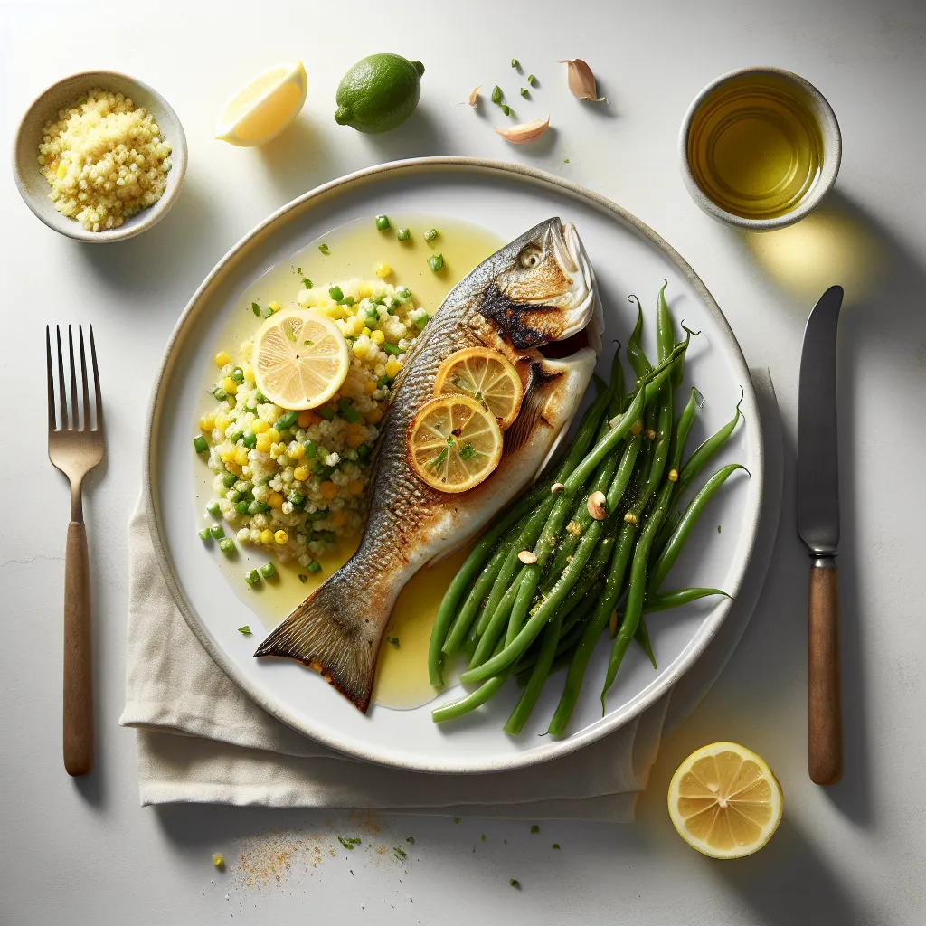 Grilled Sea Bass with Lemon Couscous and Steamed Green Beans