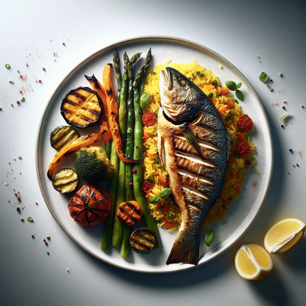 Grilled Sea Bass with Saffron Rice and Seasonal Vegetables