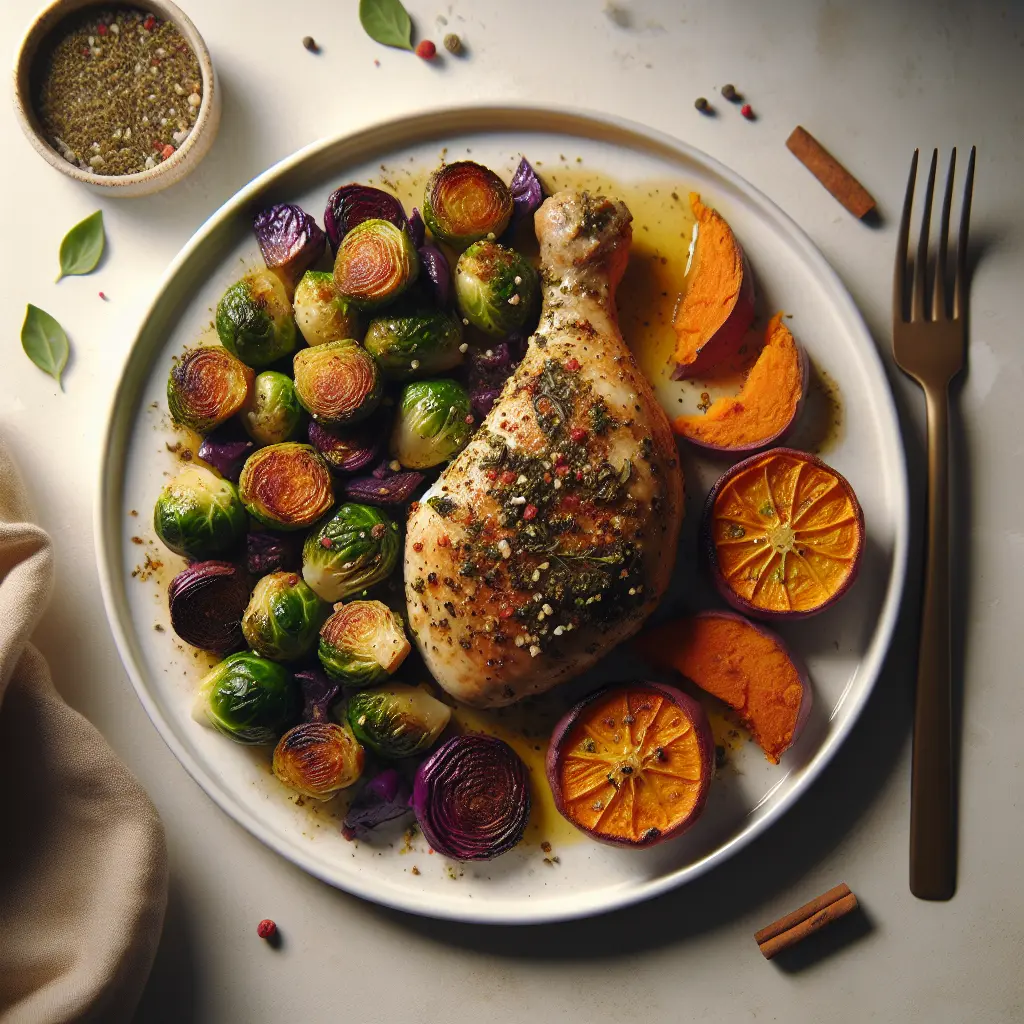 Autumn Herb-Crusted Chicken with Roasted Brussels Sprouts and Sweet Potato