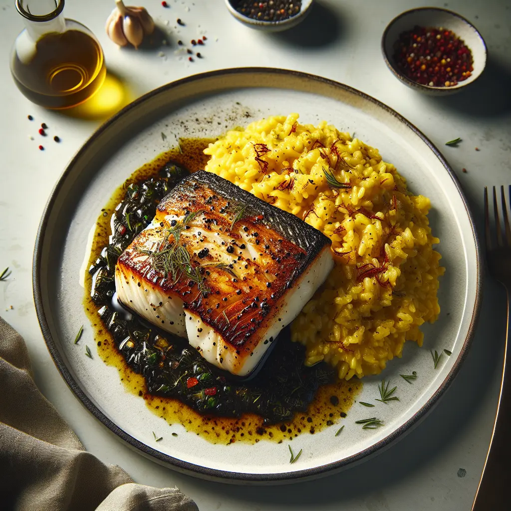 Herb-Crusted Cod with Black Garlic and Saffron Risotto