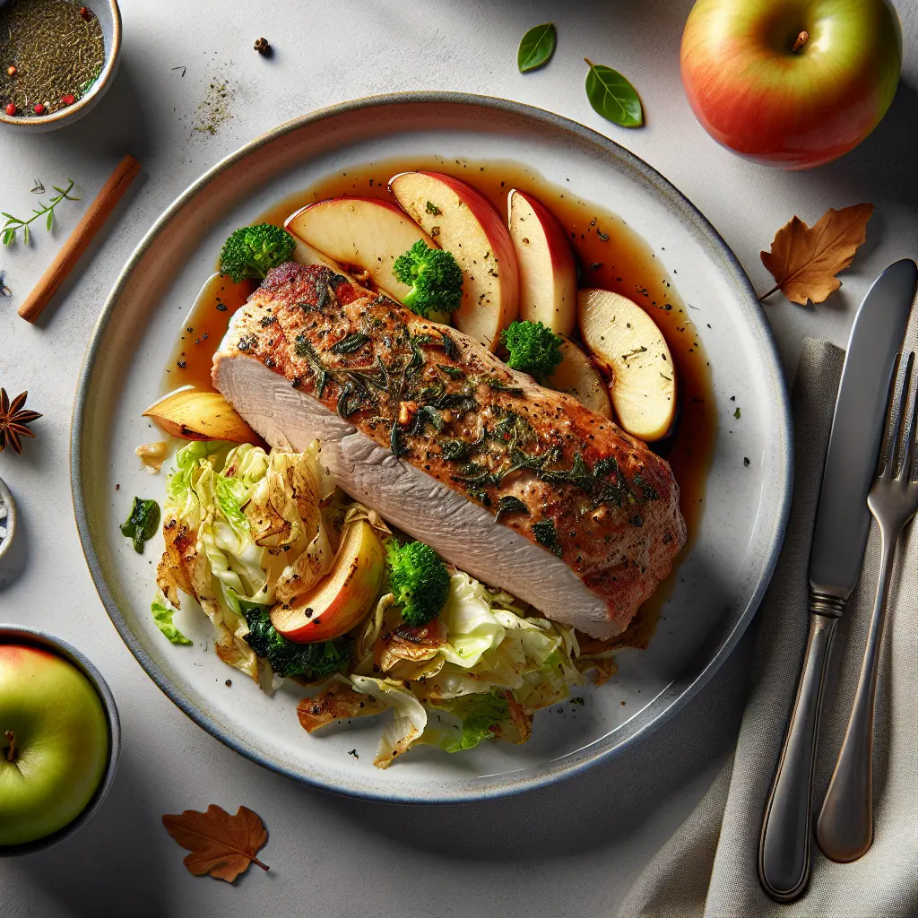 Autumn Herb-Crusted Pork Tenderloin with Roasted Apples and Cabbage