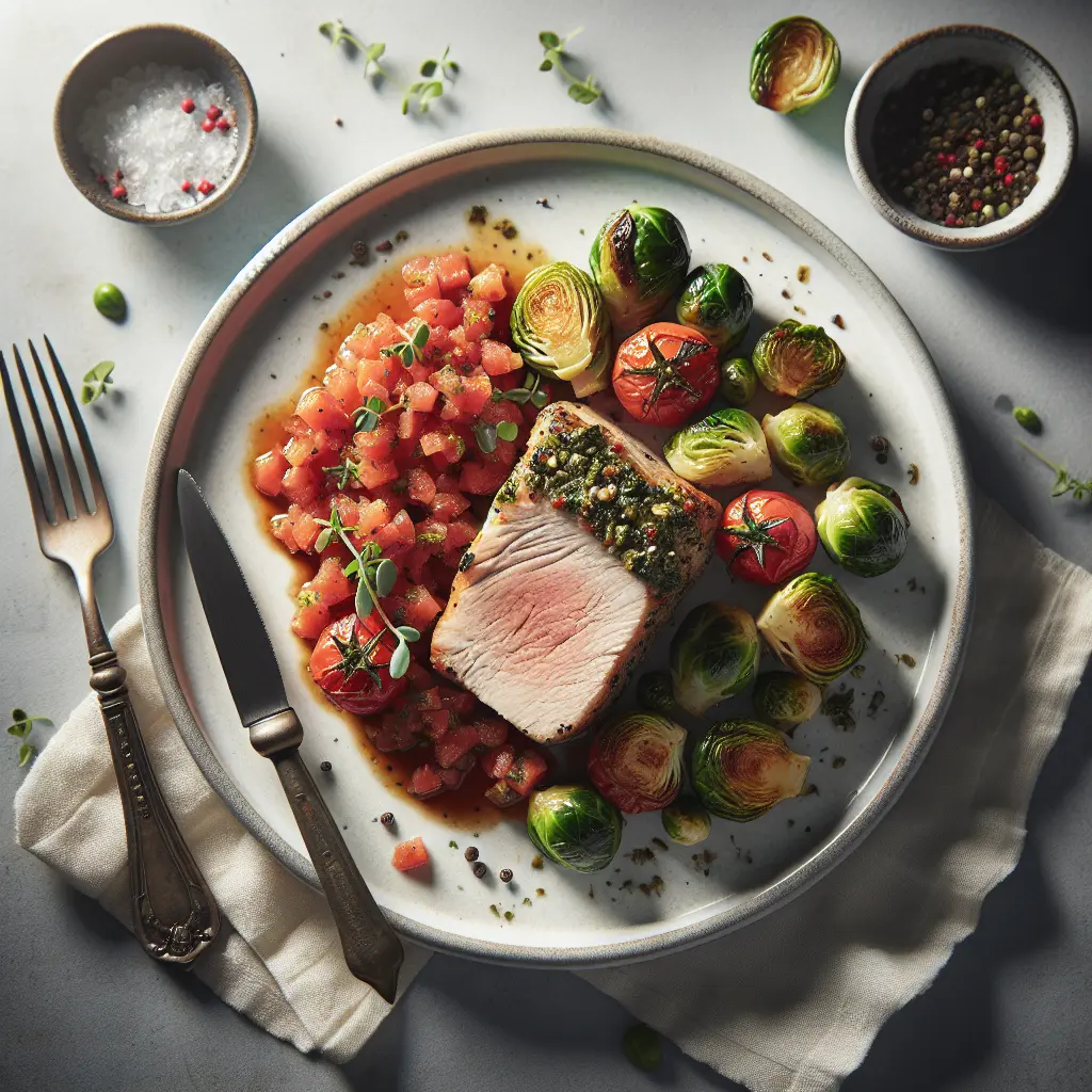 Herb-Crusted Pork Tenderloin with Roasted Brussels Sprouts and Tomato Relish