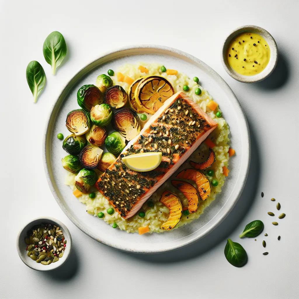 Herb-Crusted Salmon with Roasted Brussels Sprouts and Pumpkin Risotto