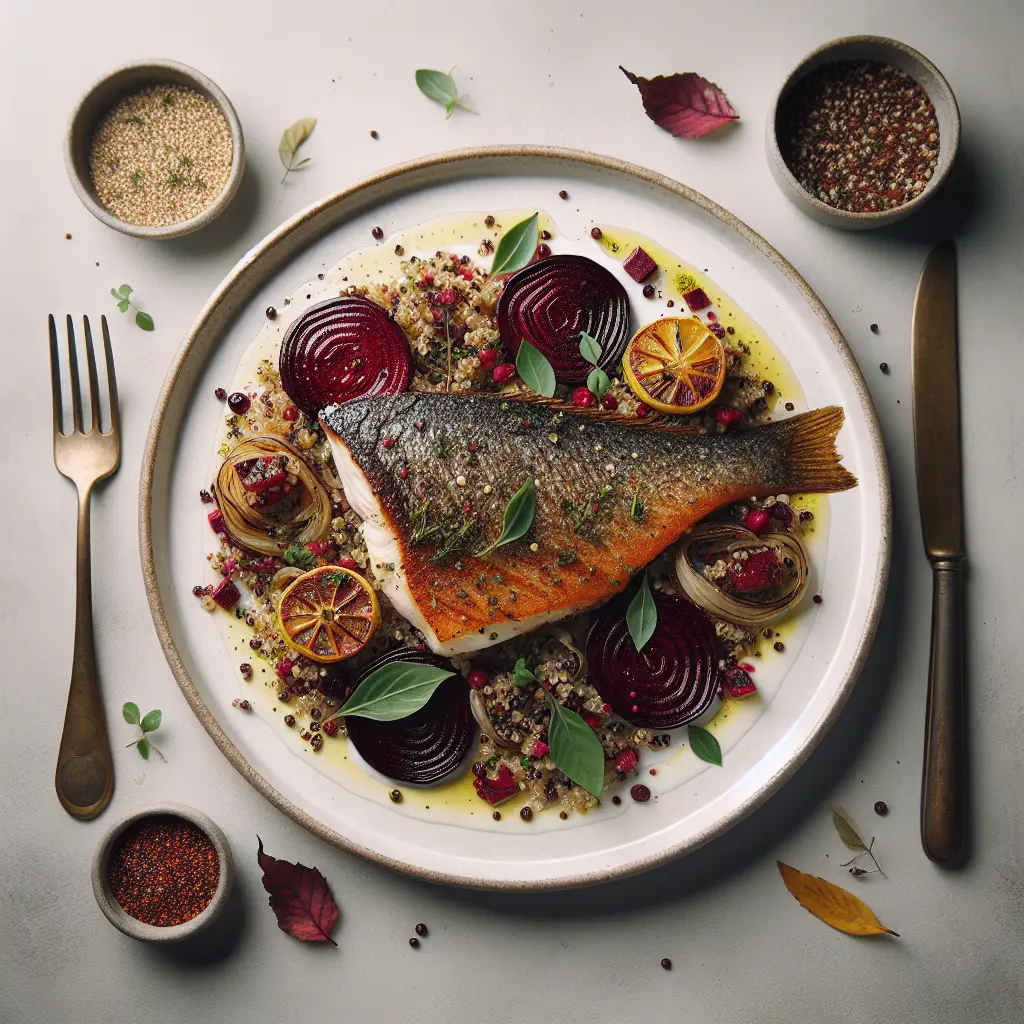 Autumn Herb-Crusted Sea Bass with Roasted Beetroot and Quinoa