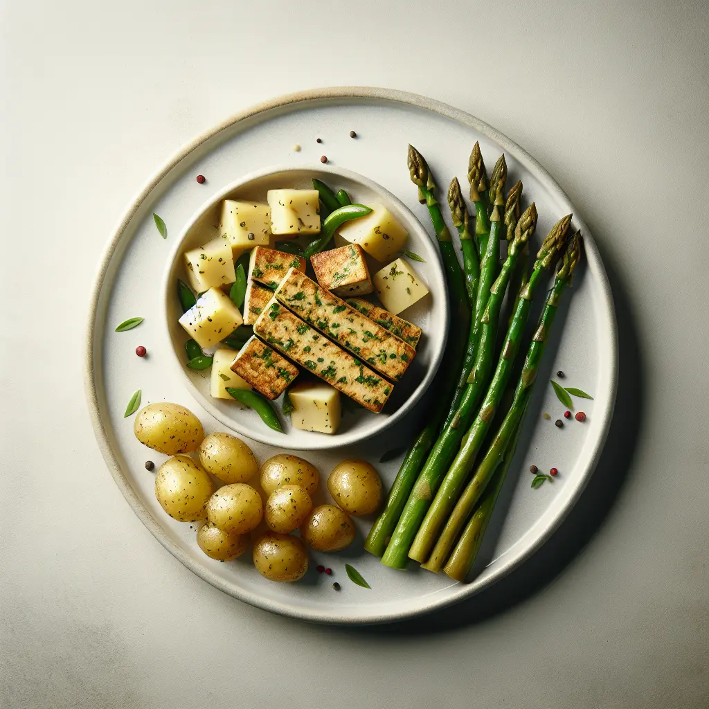 Herb-Crusted Tofu with Boiled Potatoes and Asparagus