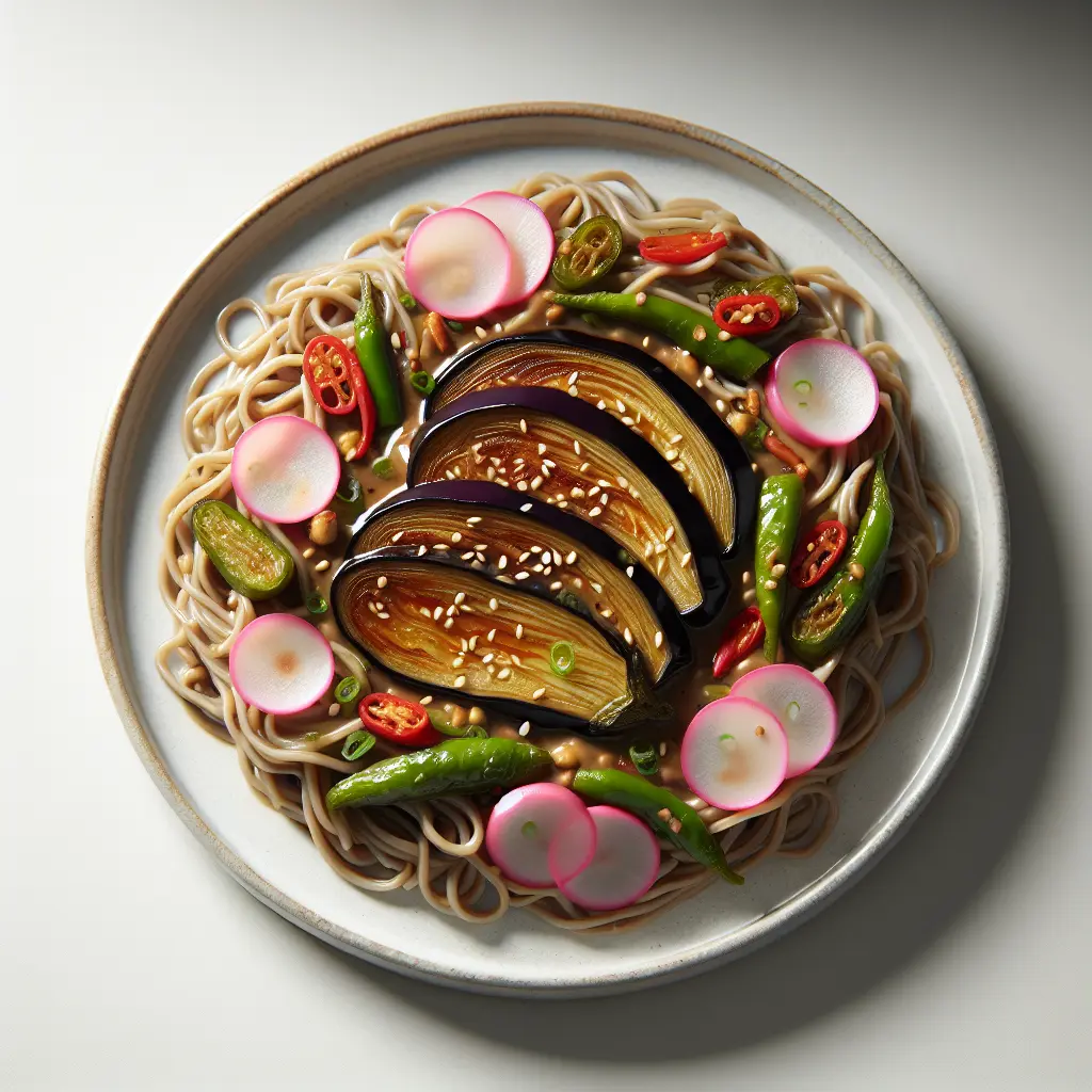 Miso-Glazed Eggplant with Soba Noodles and Pickled Radish