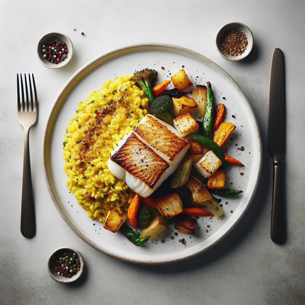 Pan-Seared Cod with Saffron Risotto and Roasted Autumn Vegetables