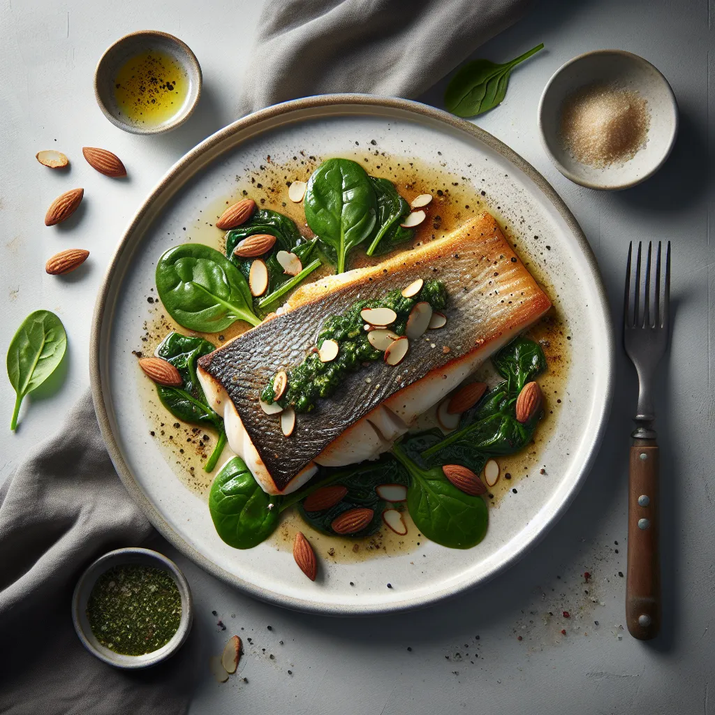 Pan-Seared Sea Bass with Spinach and Almond Pesto