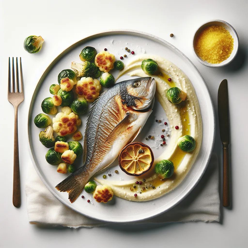 Pan-Seared Sea Bream with Saffron-Infused Cauliflower Puree and Roasted Brussels Sprouts