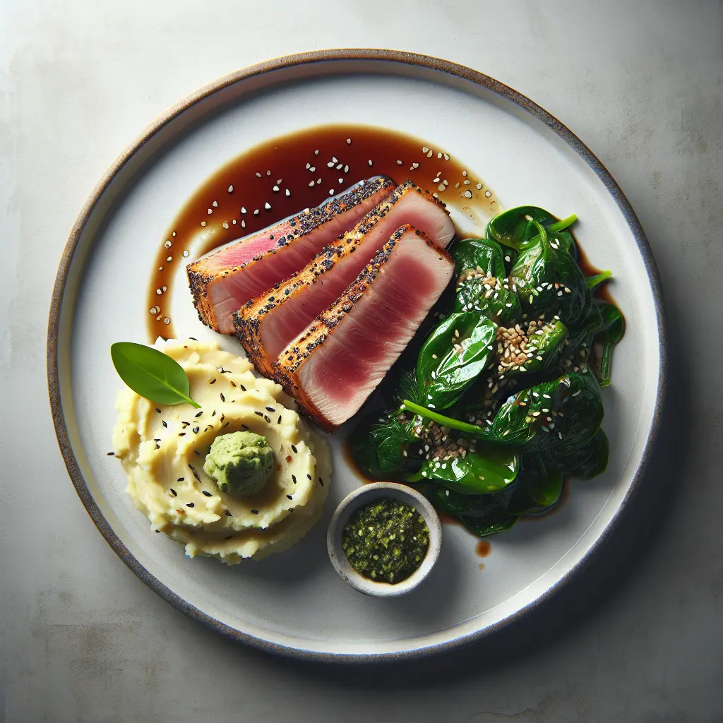 Pan-Seared Tuna with Wasabi Mashed Potatoes and Sesame Spinach