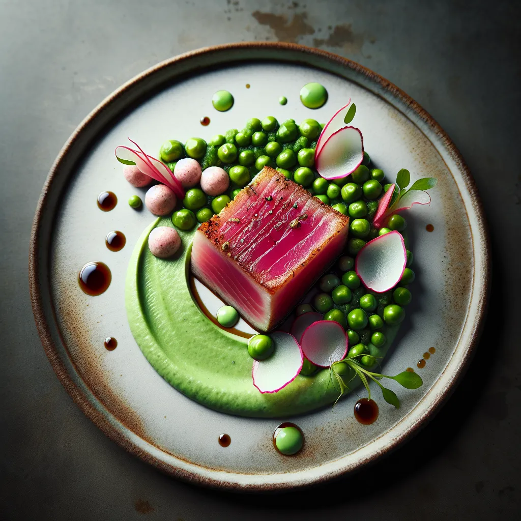 Pan-Seared Tuna with Wasabi Pea Purée and Pickled Radish