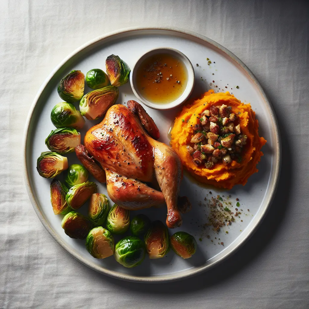 Roasted Chicken with Brussels Sprouts and Sweet Potato Mash