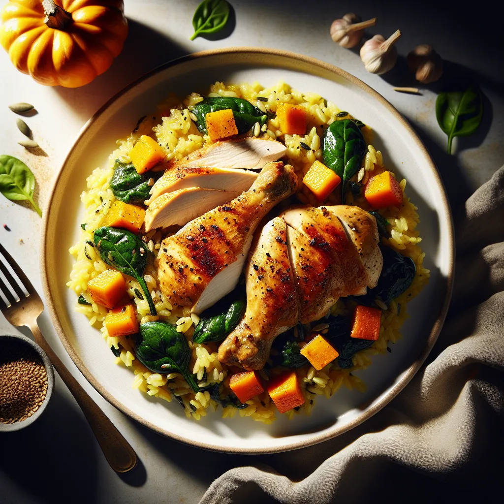 Roasted Chicken with Pumpkin and Spinach Risotto