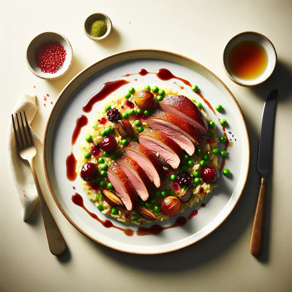 Roasted Duck with Gooseberry and Pea Risotto