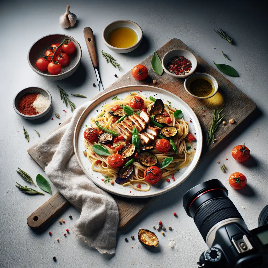 Roasted Tomato and Eggplant Pasta with Grilled Chicken