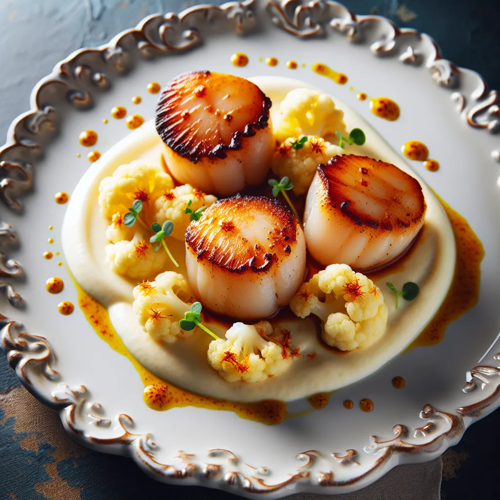 Seared Scallops with Cauliflower Purée and Saffron-Infused Sauce