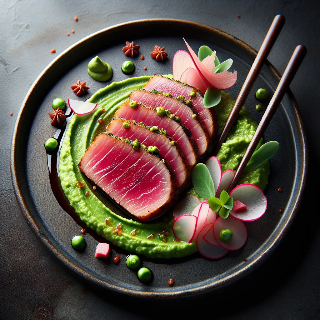 Seared Tuna with Wasabi Pea Purée and Pickled Radish