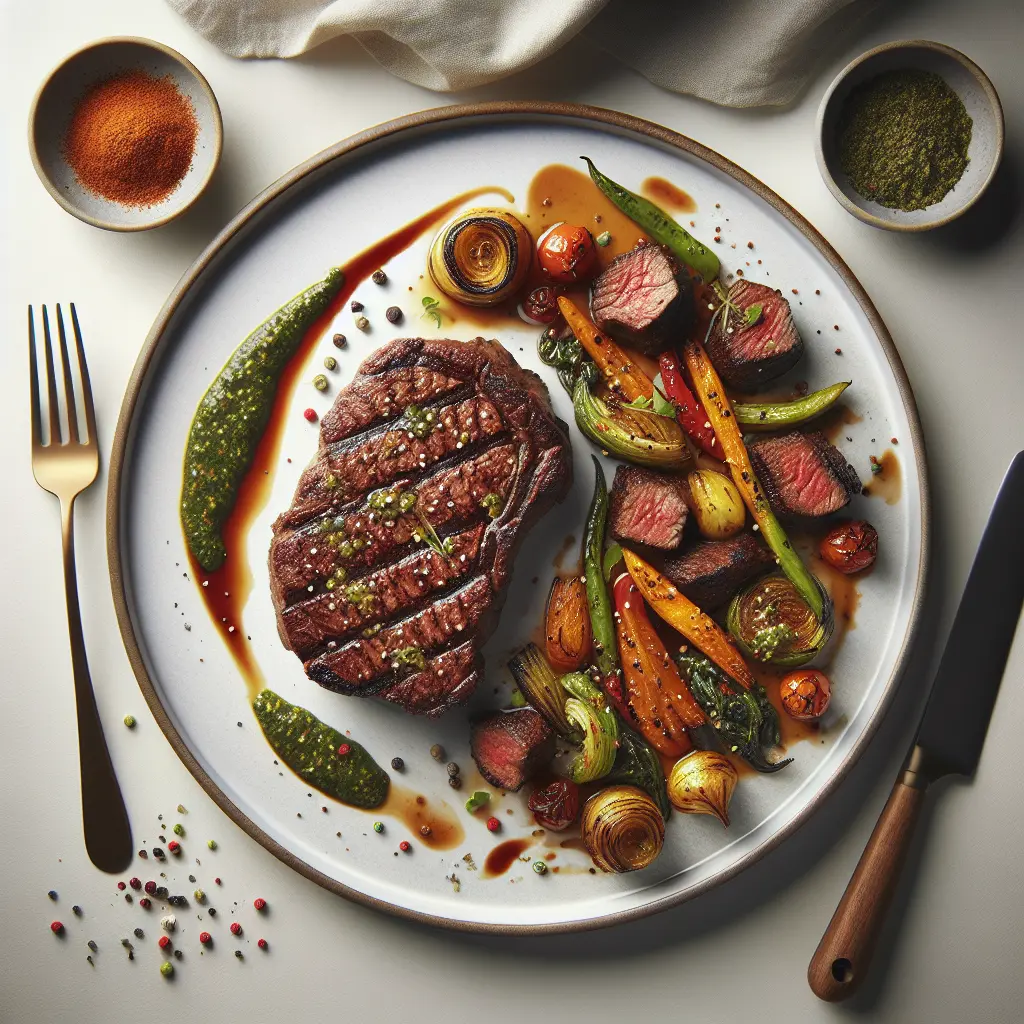 Exotic Spiced Bison Steak with Chimichurri and Roasted Vegetables