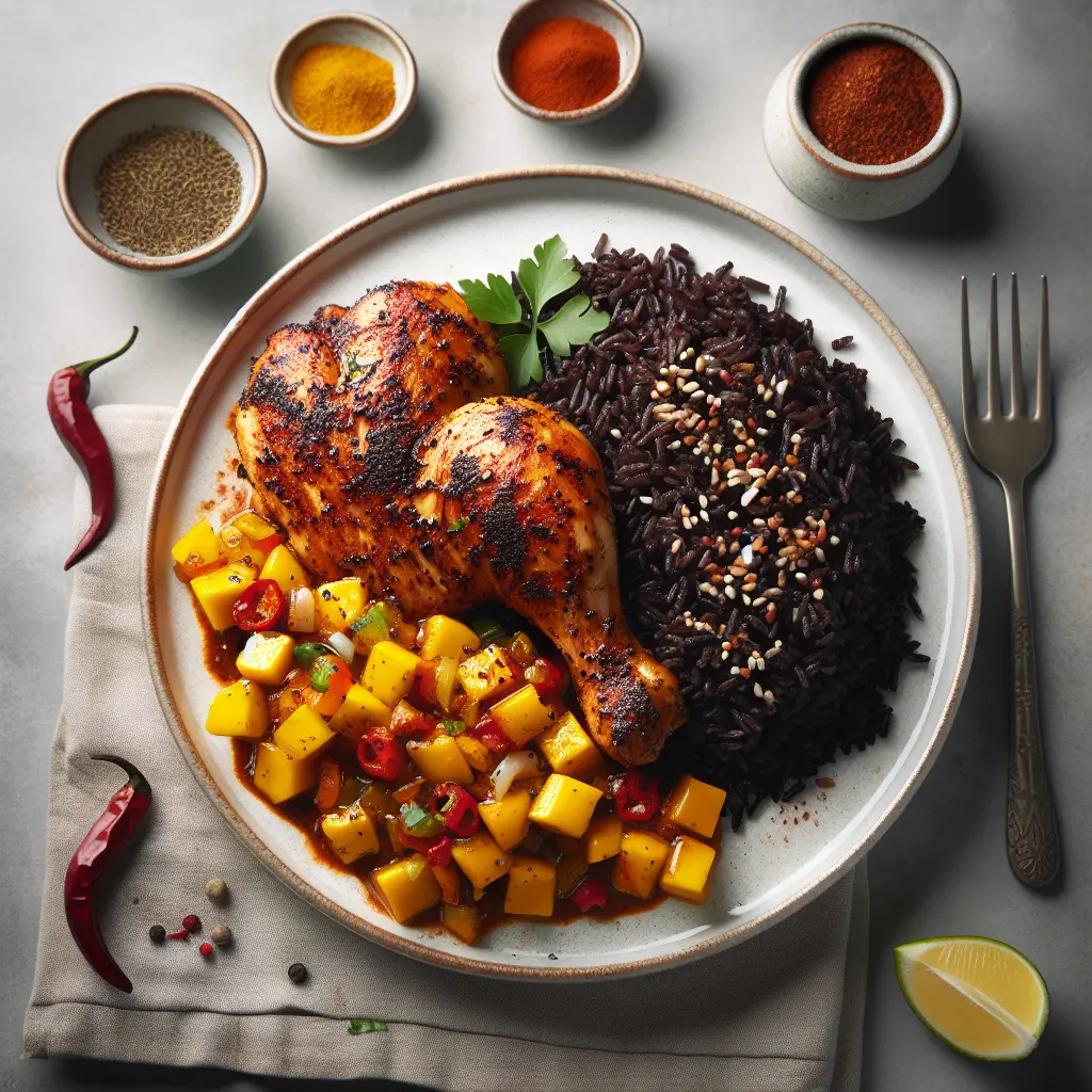 Exotic Spiced Chicken with Black Rice and Mango Salsa