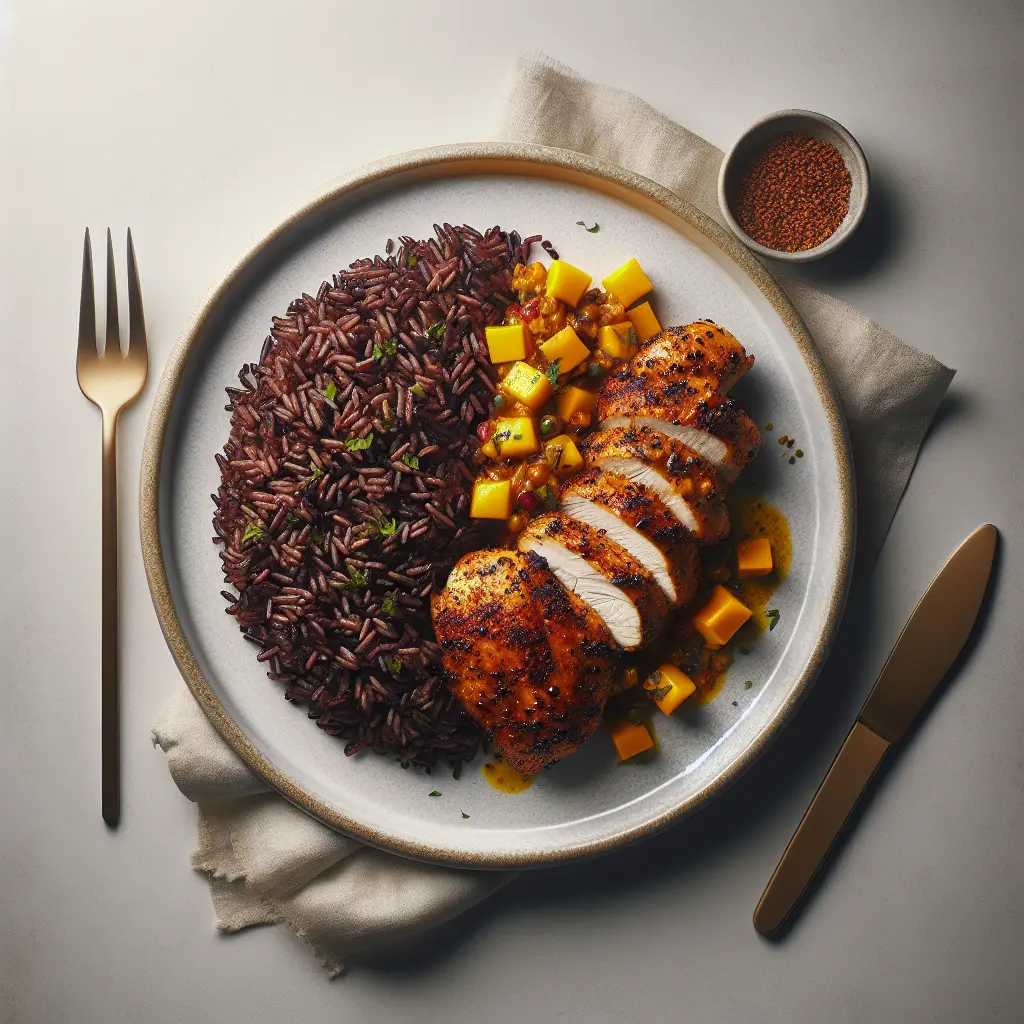 Exotic Spiced Chicken with Forbidden Rice and Mango Salsa