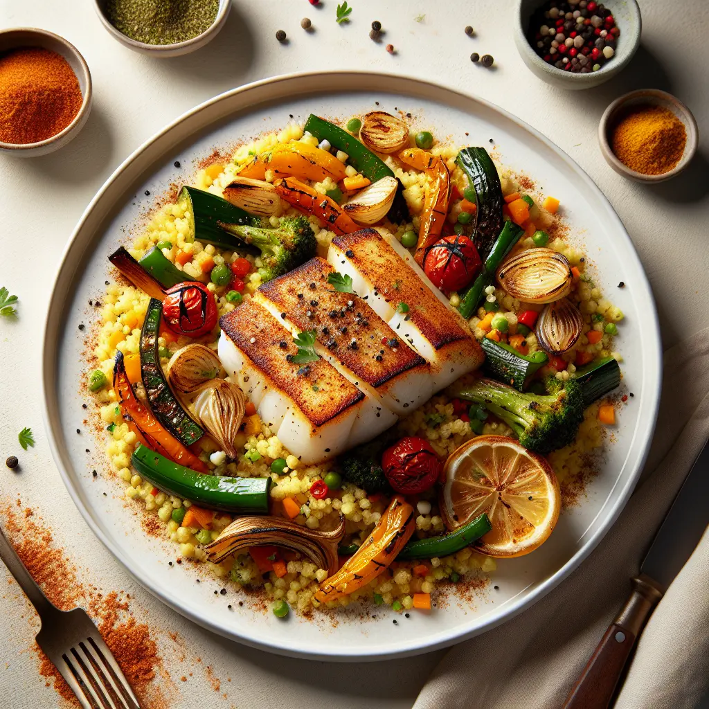 Exotic Spiced Cod with Saffron Couscous and Grilled Vegetables