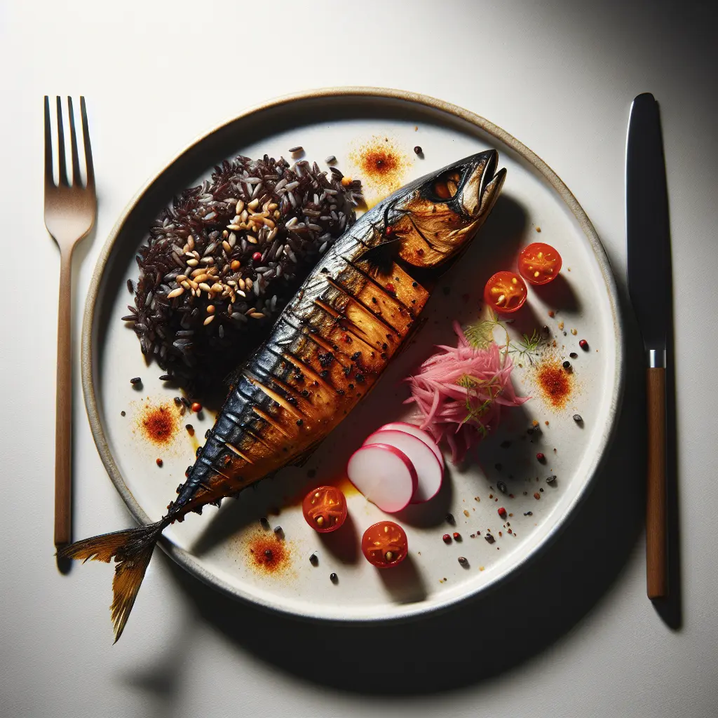 Exotic Spiced Grilled Mackerel with Black Rice and Pickled Radish