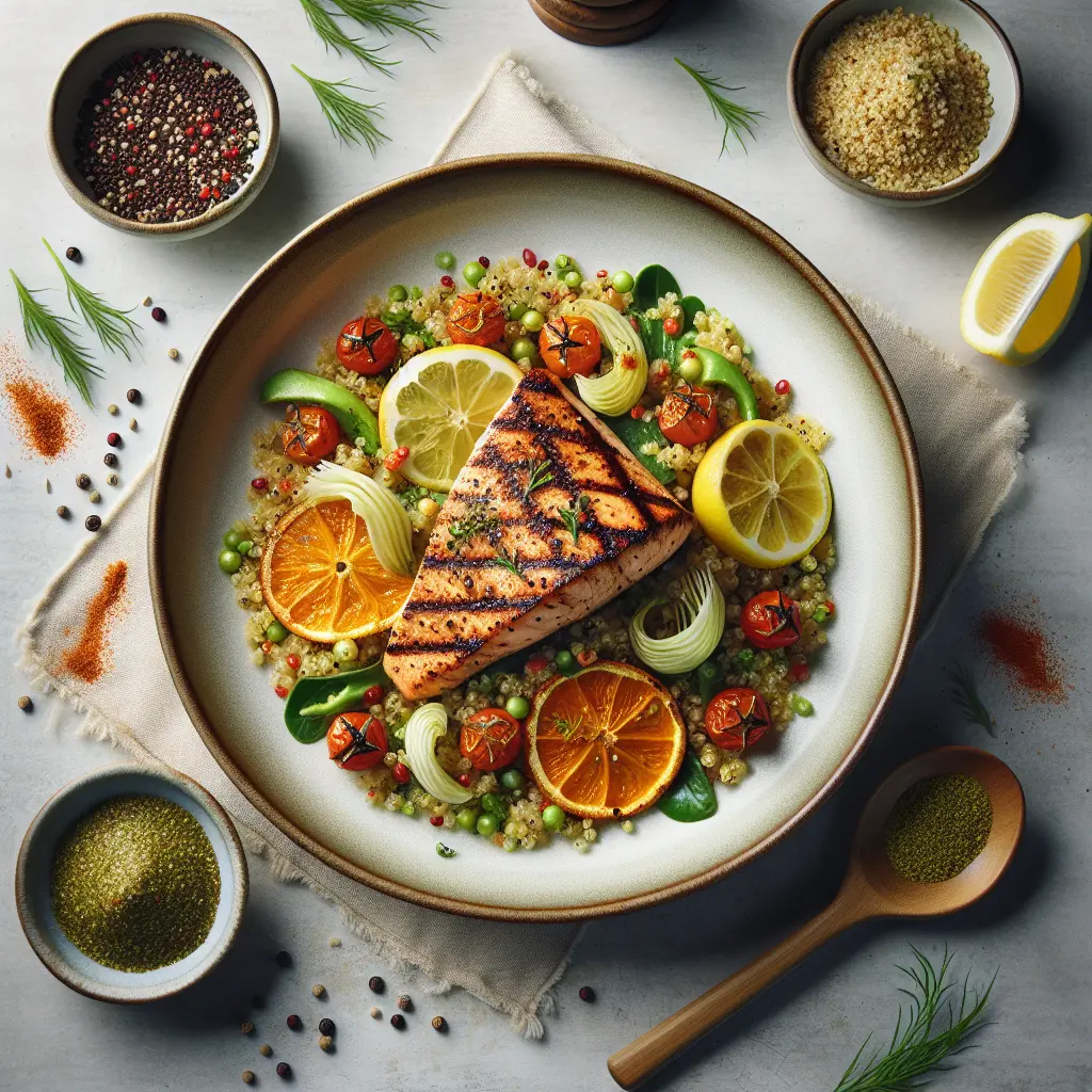 Exotic Spiced Grilled Swordfish with Citrus Quinoa and Fennel Salad