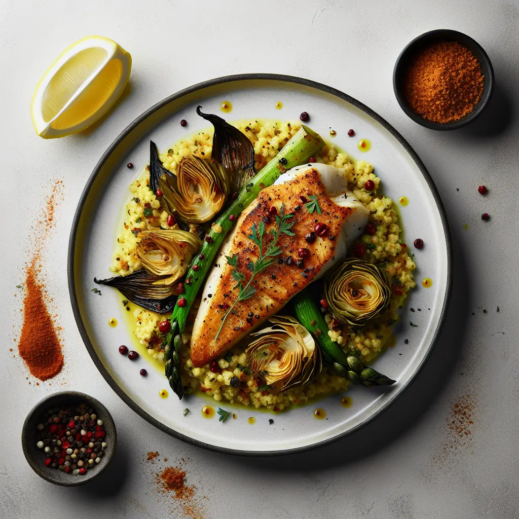 Exotic Spiced Monkfish with Saffron Couscous and Grilled Artichokes