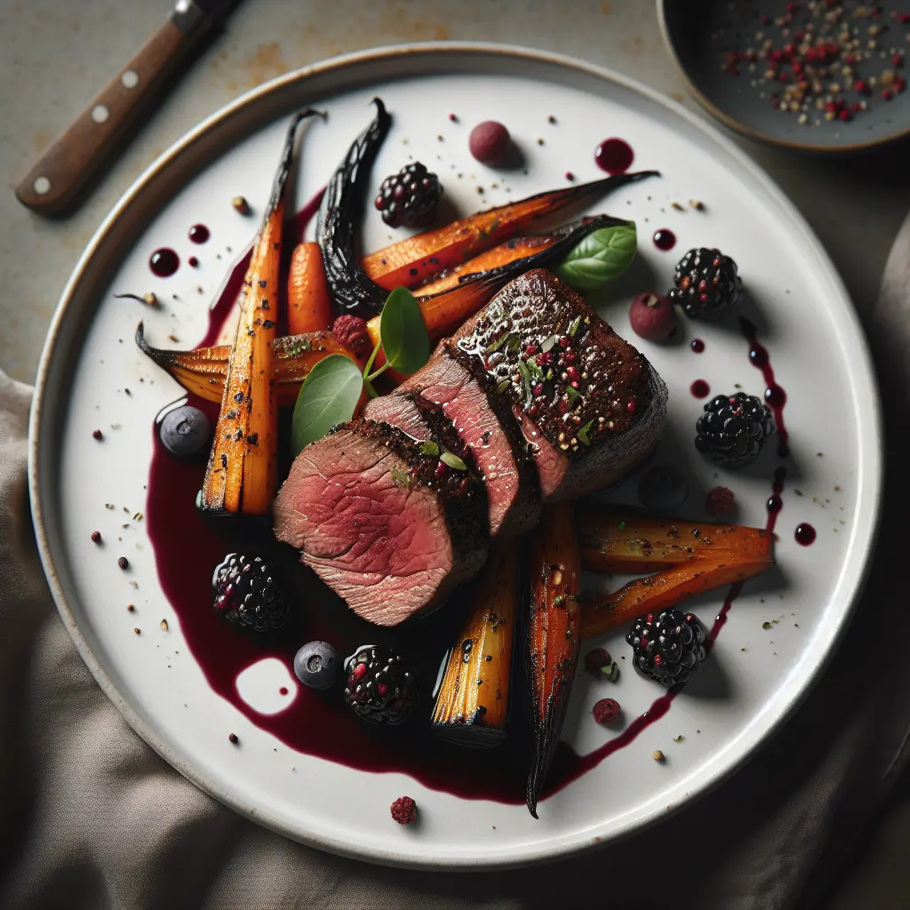 Exotic Spiced Venison Loin with Blackberry Reduction and Roasted Root Vegetables