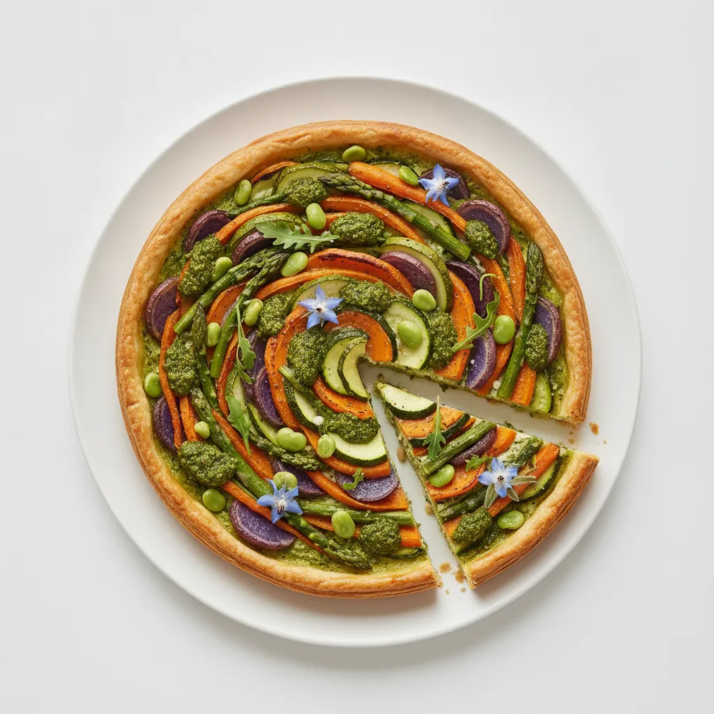 Tarte aux légumes de printemps et pesto de roquette