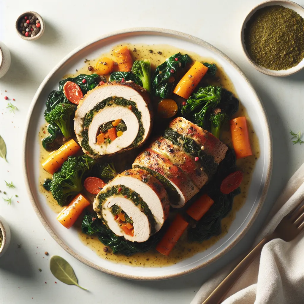 Autumn Vegetable and Chicken Roulade with Sautéed Kale