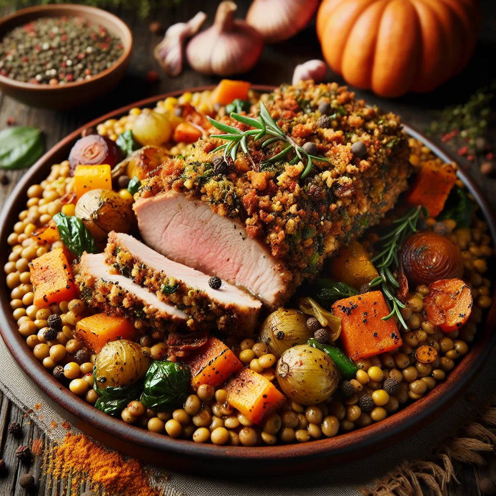 Autumn Vegetable and Herb-Crusted Pork with Spiced Lentils
