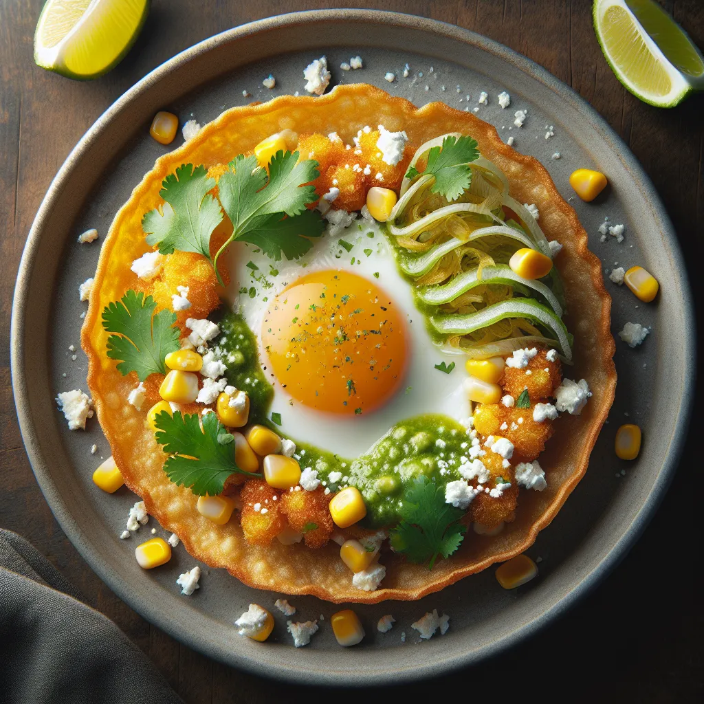 Crispy Cheese Egg Tacos with Roasted Corn and Spicy Green Sauce